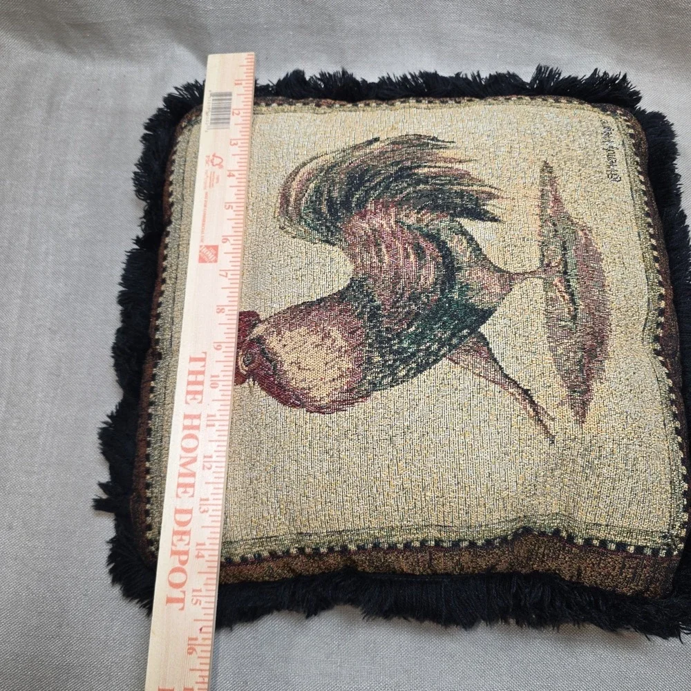 Vintage Borgata Wendy Wegner Tapestry black fringe Rooster Throw Pillow 16